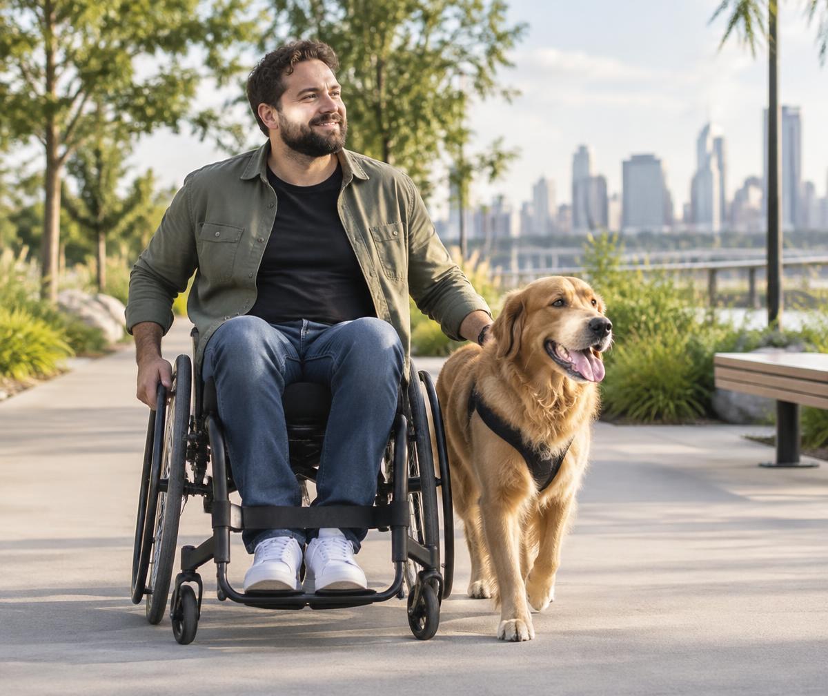 Wheelchair user moving confidently along a park trail with his dog