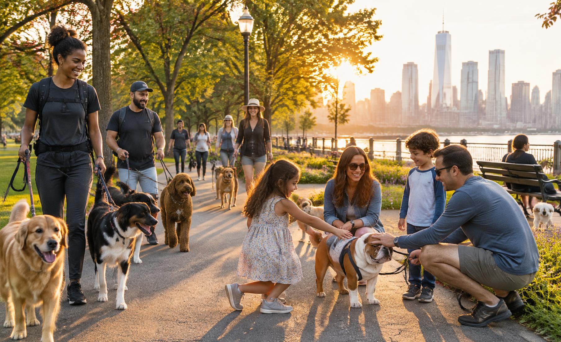 Diverse families and professional walkers meeting with dogs at a community park event