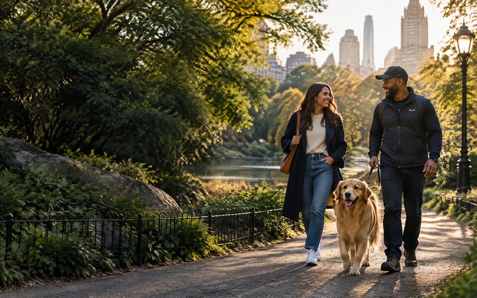 Dog owner and professional walker enjoying a park walk with a golden retriever